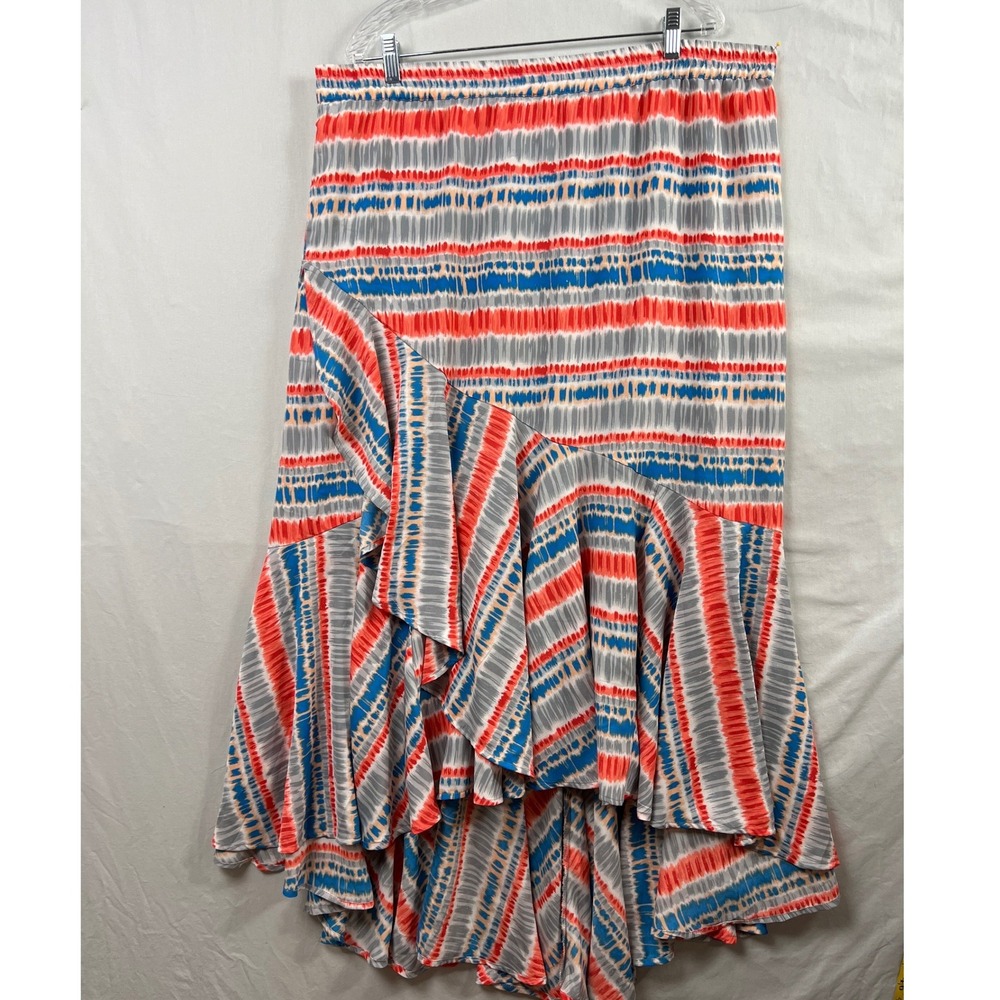 Tolani Collection Maxi Skirt Womens L Orange Blue Striped Ruffle High Low Boho